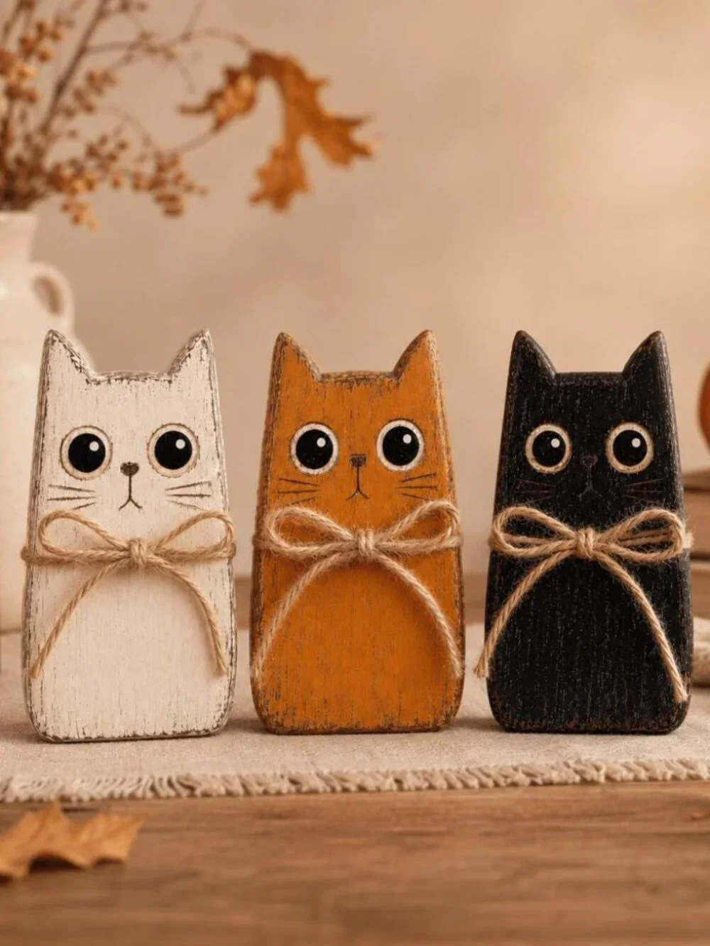 2D Wooden Cat Blocks Set, 3ps Halloween Wooden Rustic Shelf Sitter